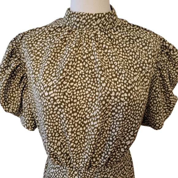 AX Paris Olive Green Print Puff Sleeve Dress Size 8 - Picture 3 of 6